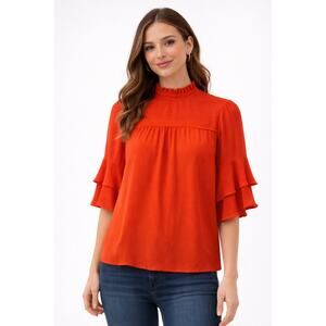 Monteau Red Mesh High Neckline Bell Sleeve Blouse Medium